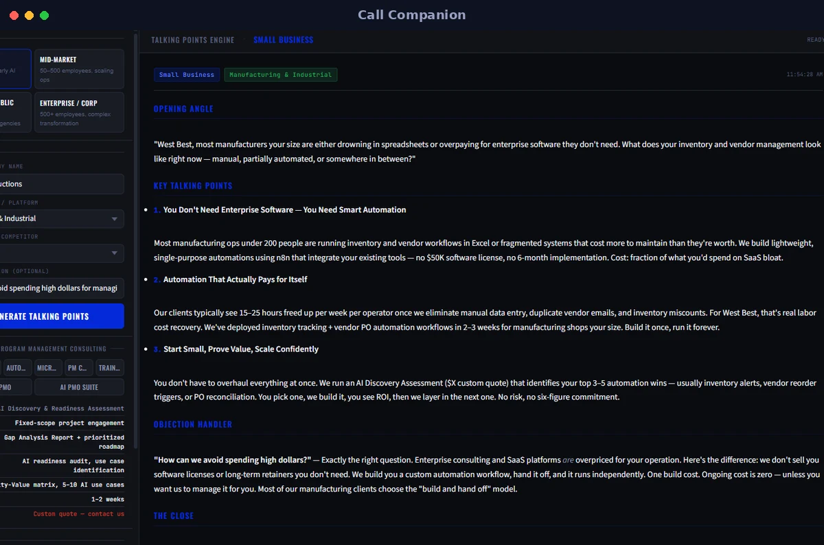 Call Companion generating live talking points during a call (demo data)
