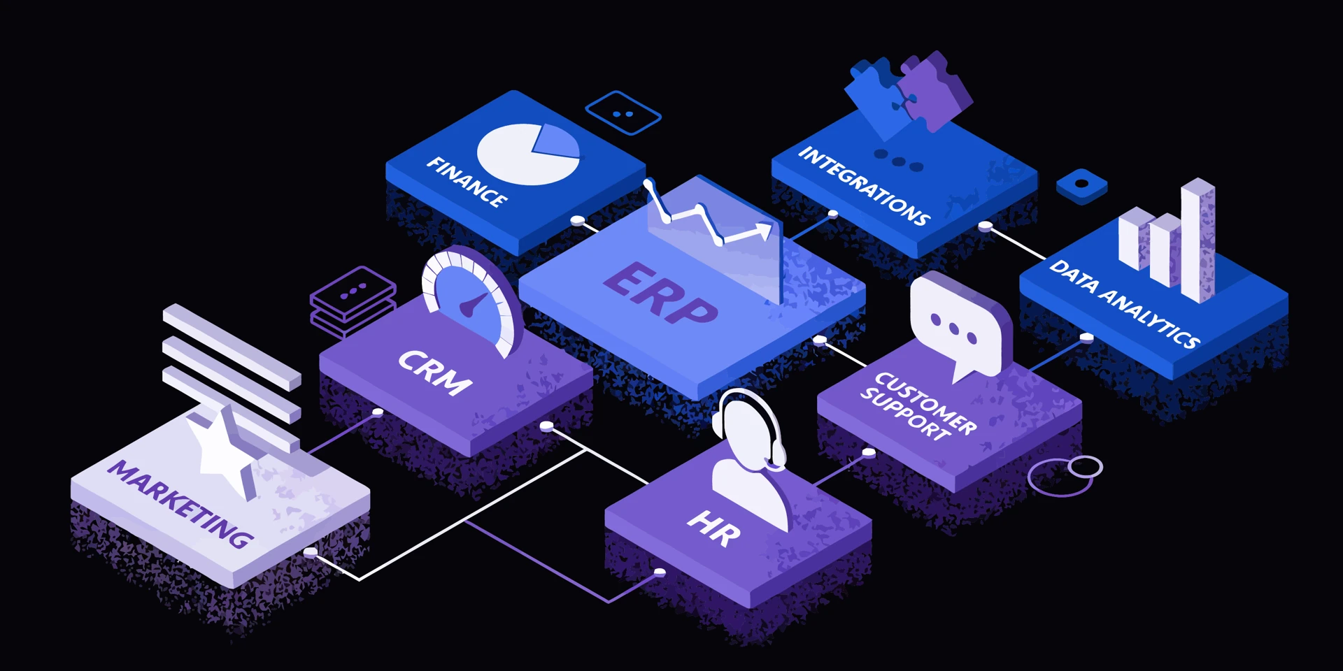 Isometric illustration of connected AI-powered business systems